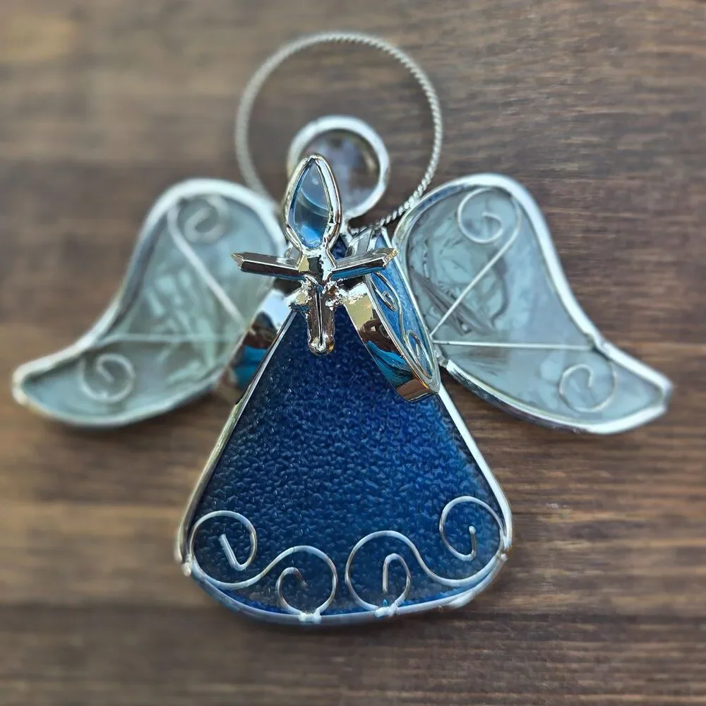 Stained Glass Angel Figurine Blue Gold Tone Christmas Decor 5 Inch